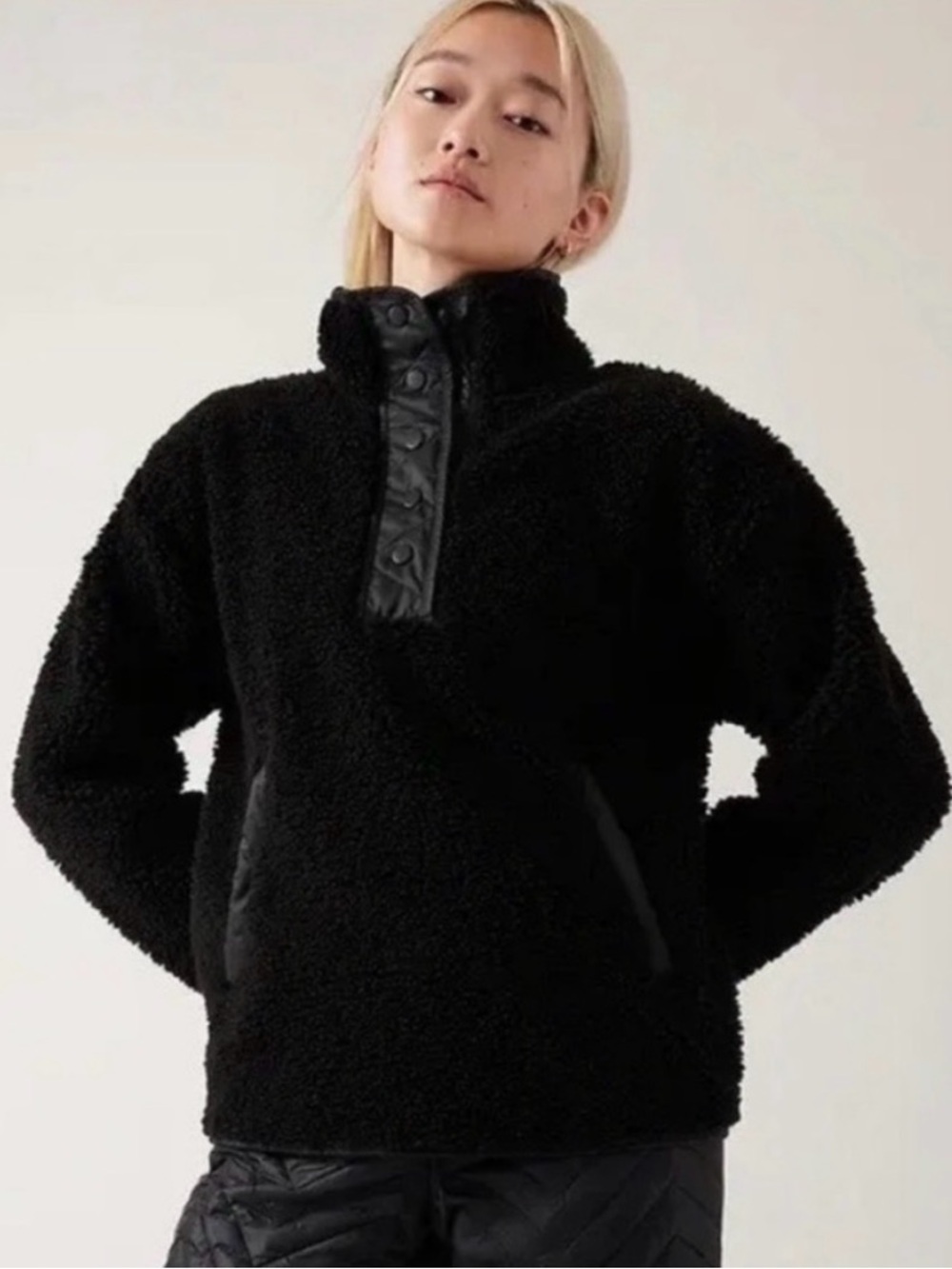 Athleta Cozy Sherpa Snap Sweatshirt, featuring a plush textured fleece body and